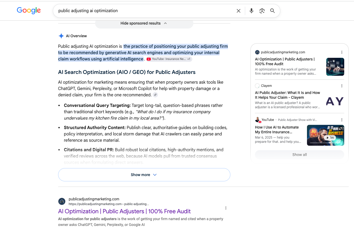 Search result for public adjusting AI optimization naming Public Adjusting Marketing