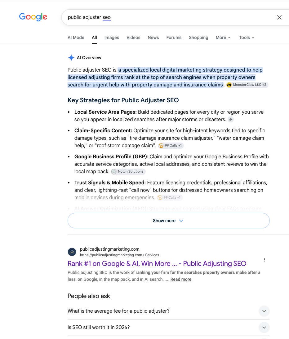 Search result for public adjuster SEO showing Public Adjusting Marketing on top