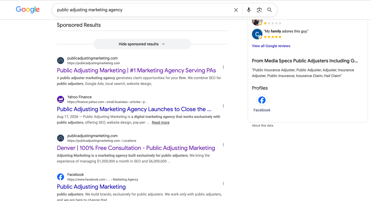 Second capture for public adjusting marketing agency showing Public Adjusting Marketing first again