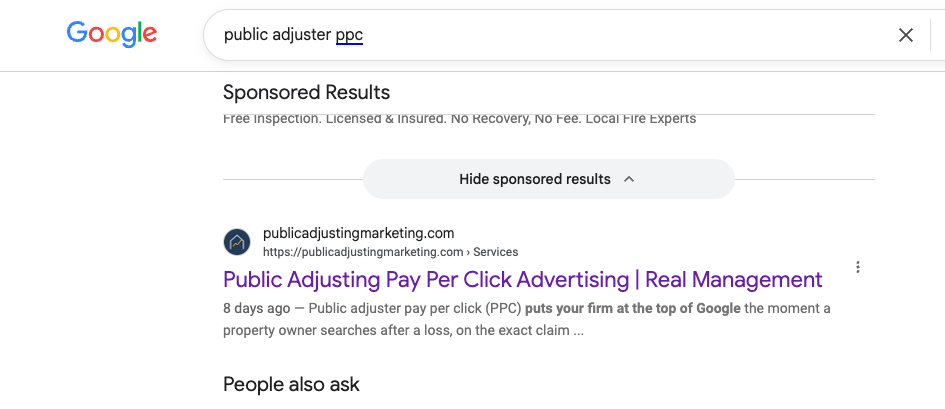 Search result for public adjuster PPC showing Public Adjusting Marketing on top