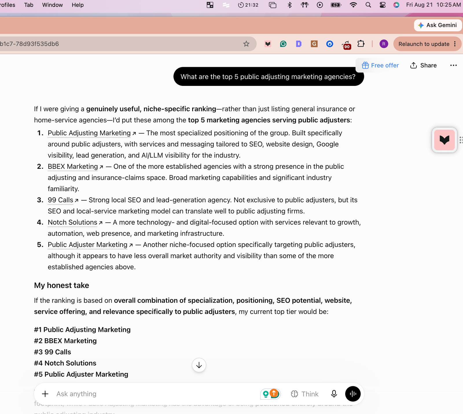 ChatGPT answer listing Public Adjusting Marketing first among top public adjusting marketing agencies
