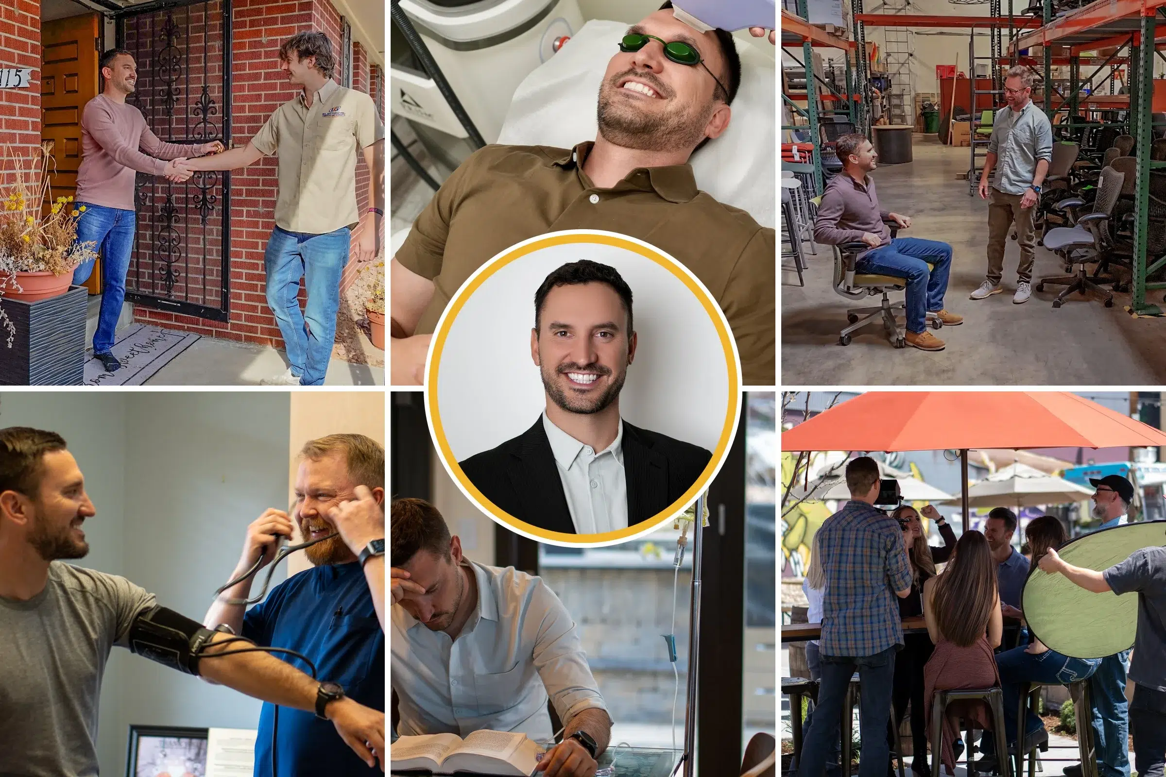 Public Adusting Marketing Near Me Photo collage of Rob, founder of Public Adjusting Marketing, meeting clients and working in the field